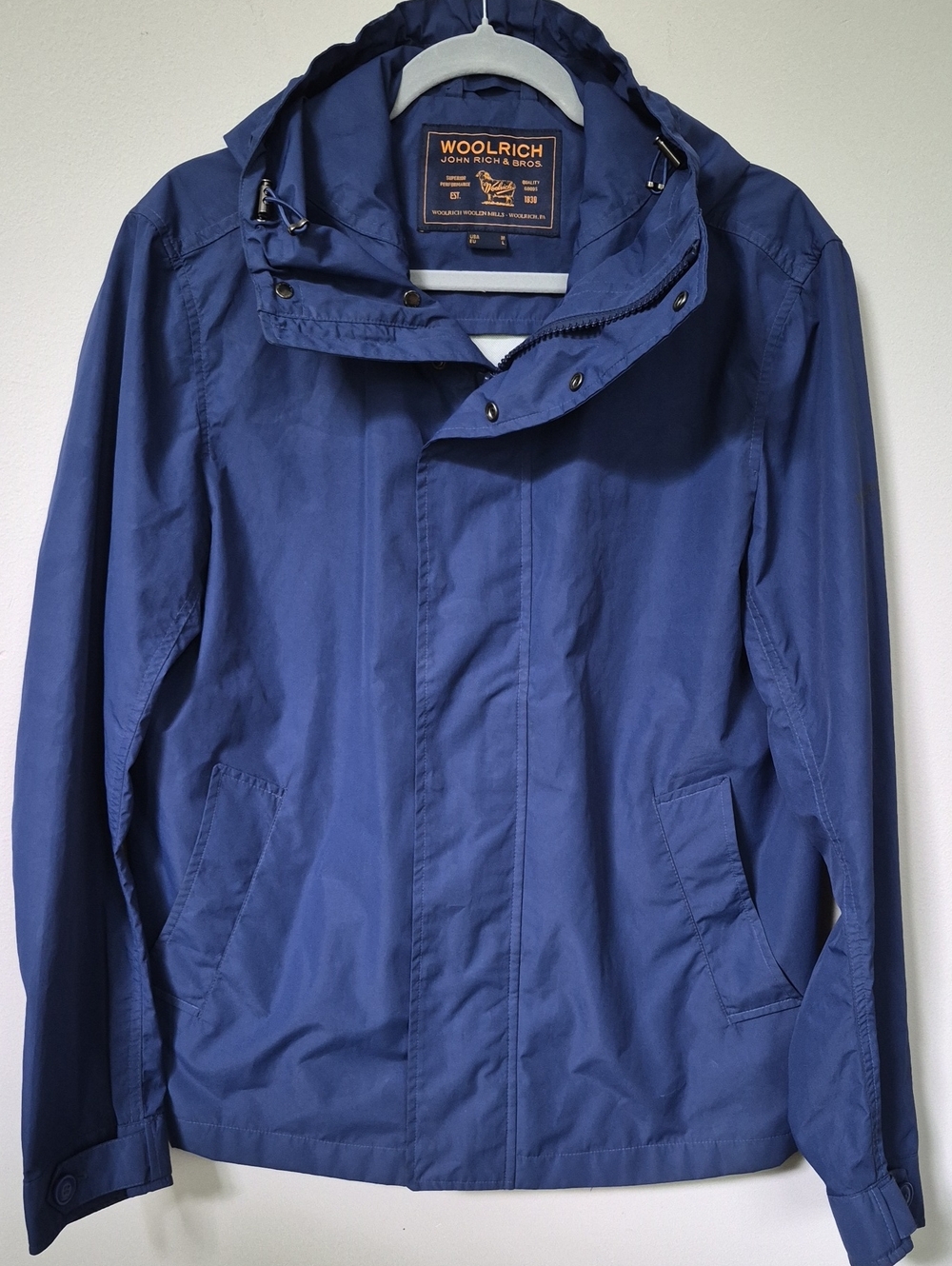 John Woolrich & Bros. Men's M Navy Hooded Softshell Rain Jacket Quiet Luxury